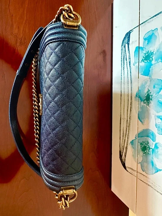 CHANEL Dark Navy Quilted Boy Flap Shoulder Bag with Gold Chain - Picture 7 of 16